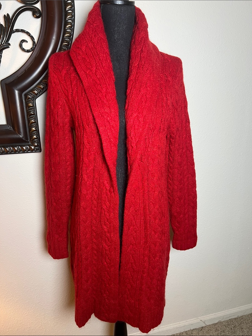 Ralph Lauren Women’s Red Cable Knit Lambs Wool Mohair Blend Car Coat Cardigan M
